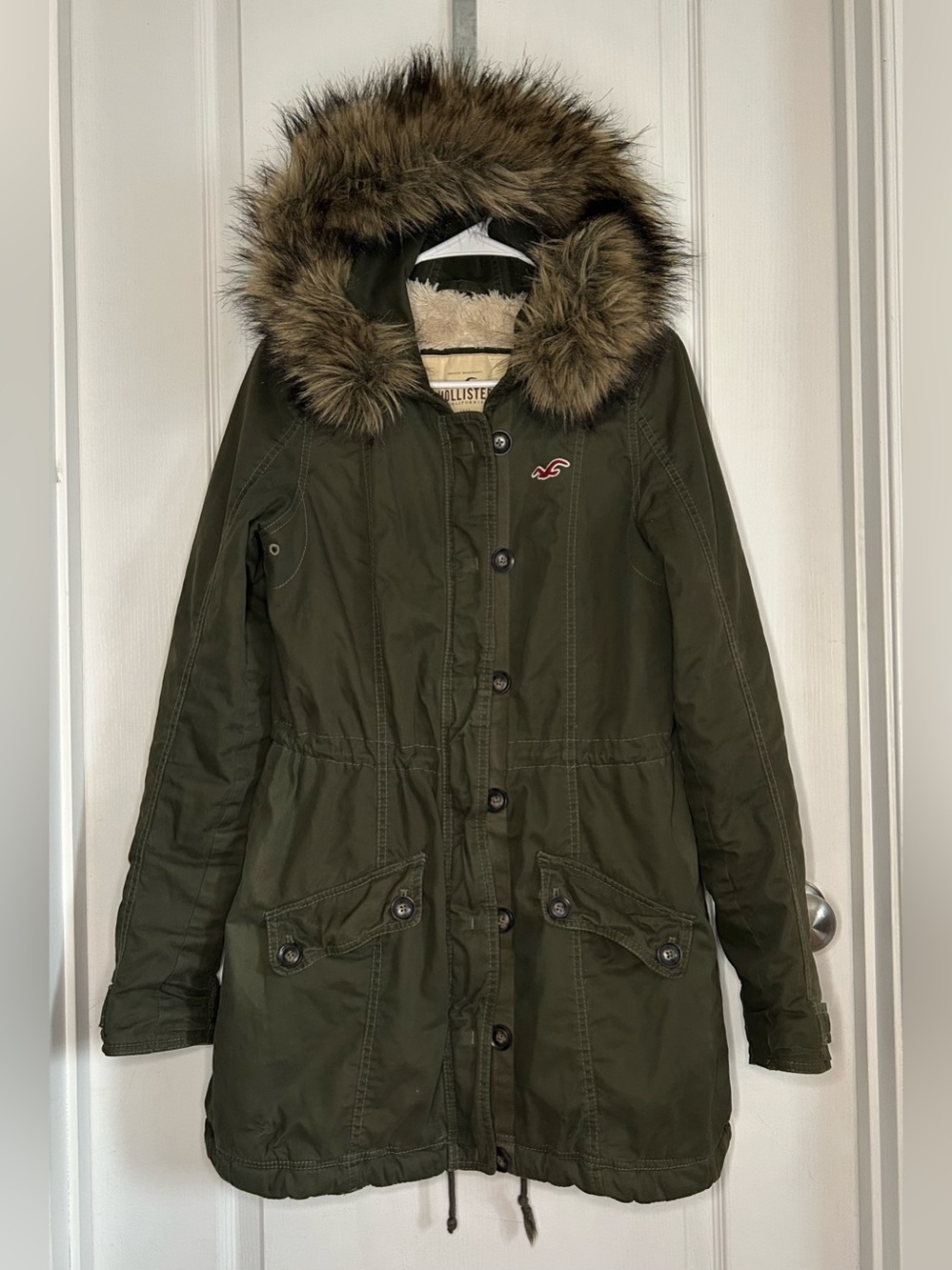 Vintage Y2K Hollister Army Green Full Sherpa Lined Fur Hood Jacket Womens Medium